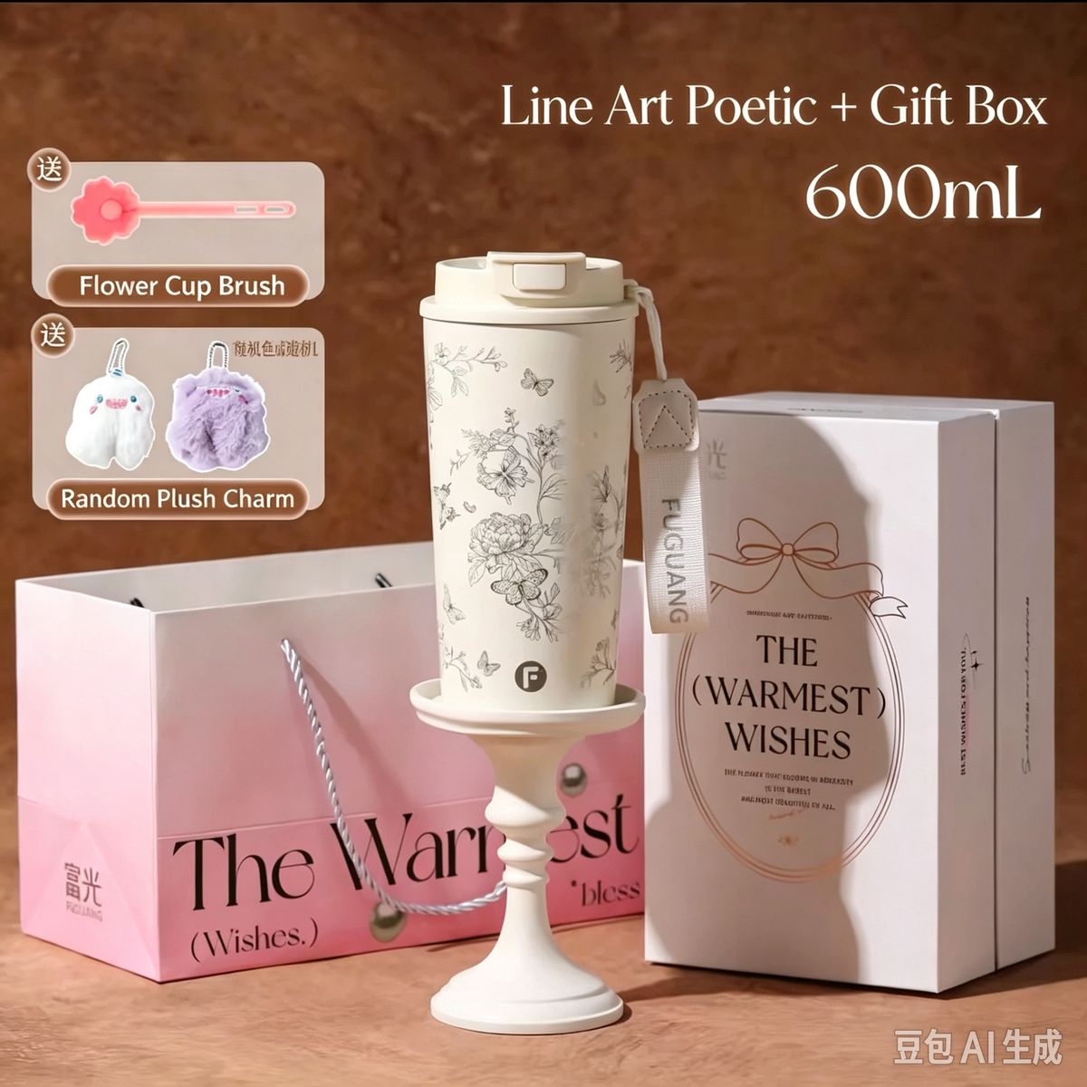 600ML Butterfly Floral Insulated Tumbler Gift Box, 316L Stainless Steel Coffee Travel Mug, Vintage Flower & Butterfly Pattern, Complete Gift Package with Plush Charm