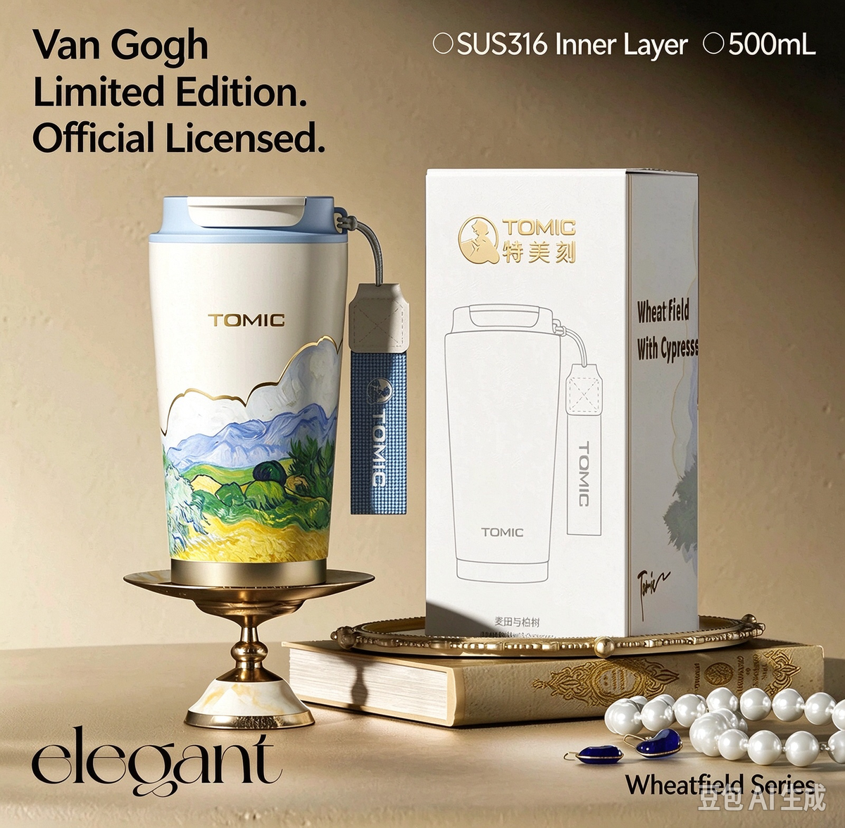 TOMIC Van Gogh Limited Tumbler, Wheat Field with Cypresses, 500ml, SUS316 Stainless Steel Insulated Coffee Cup with Lanyard