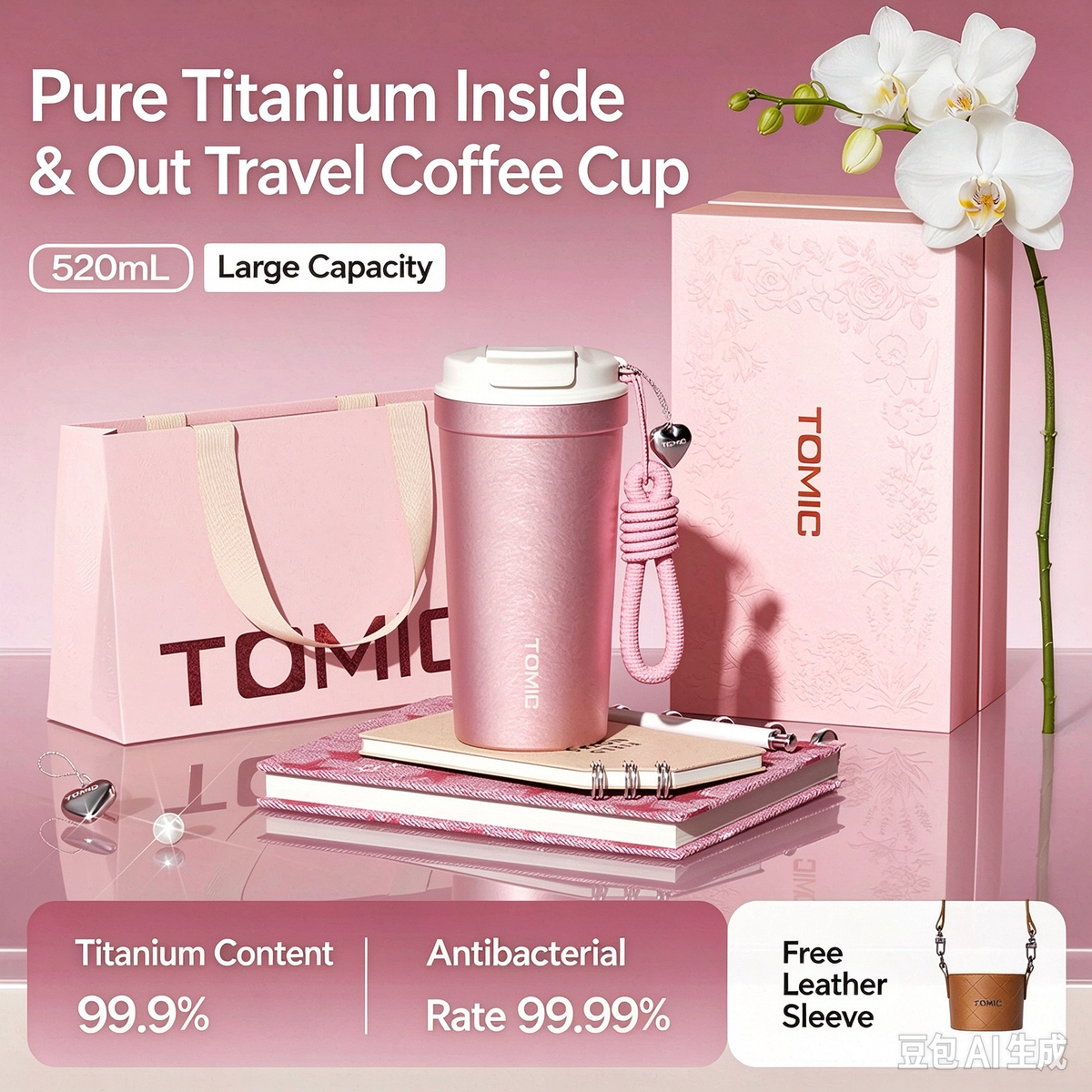 TOMIC Pink Pure Titanium Travel Coffee Cup 520ml, Vacuum Insulated Tumbler with Heart Lanyard & Leather Sleeve, Gift Box