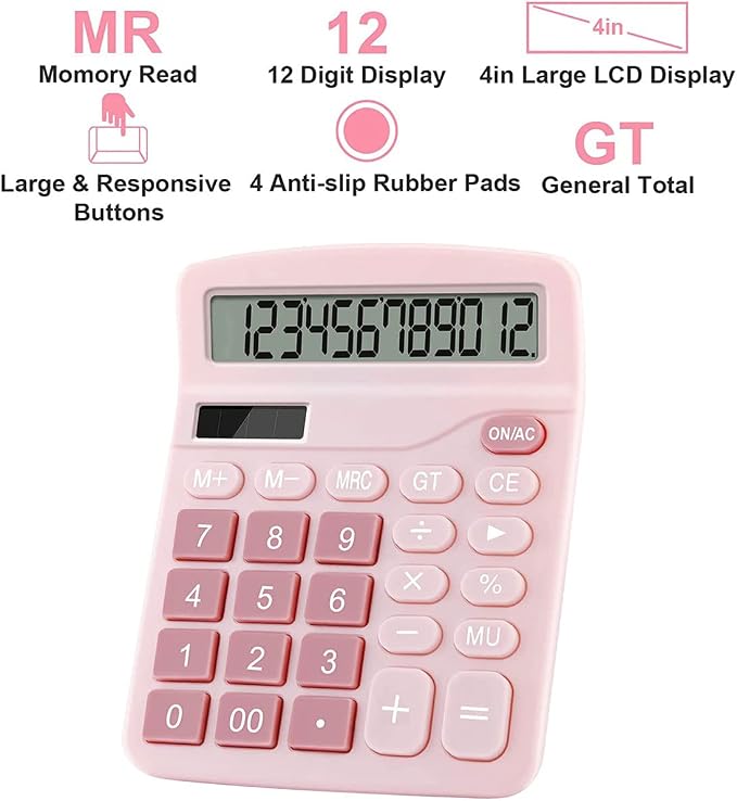 Office Calculators Desktop, 12-Digit Dual Power Cute Calculator with Large LCD Display Big Button for Office Home and School (Pink)
