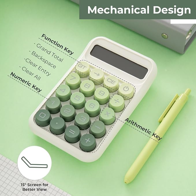 Y YOMA 1 Pack Mechanical Switch Calculator with 10 Digit Large LCD Display Big Button, Mini Cute Desktop Calculator 4 Function Basic Calculators for School Home Office Business, Leaf Green