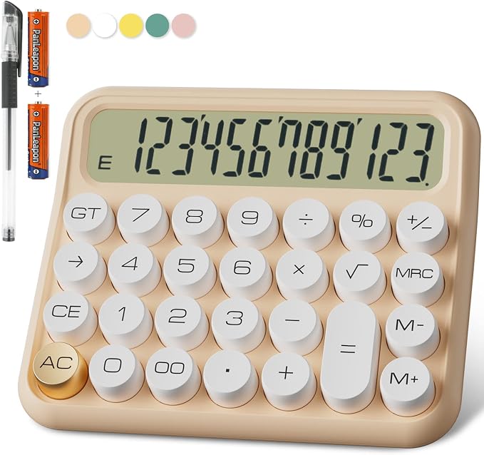 Mechanical Calculator 12 Digit Extra Large 5-Inch LCD Display, DECKLIT Battery Desk Calculator, Big Buttons Easy to Press Use as Office Calculators Desktop, 15°Tilt Screen for Kids Calculator(Cream)