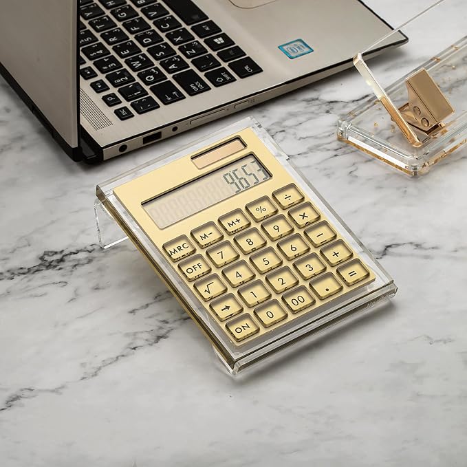 Gold Foil Stamping Solar Power Acrylic Slim Calculator with Large LCD Display and Stand, 12-Digit Handheld Desktop Calculator for Office, School, Business