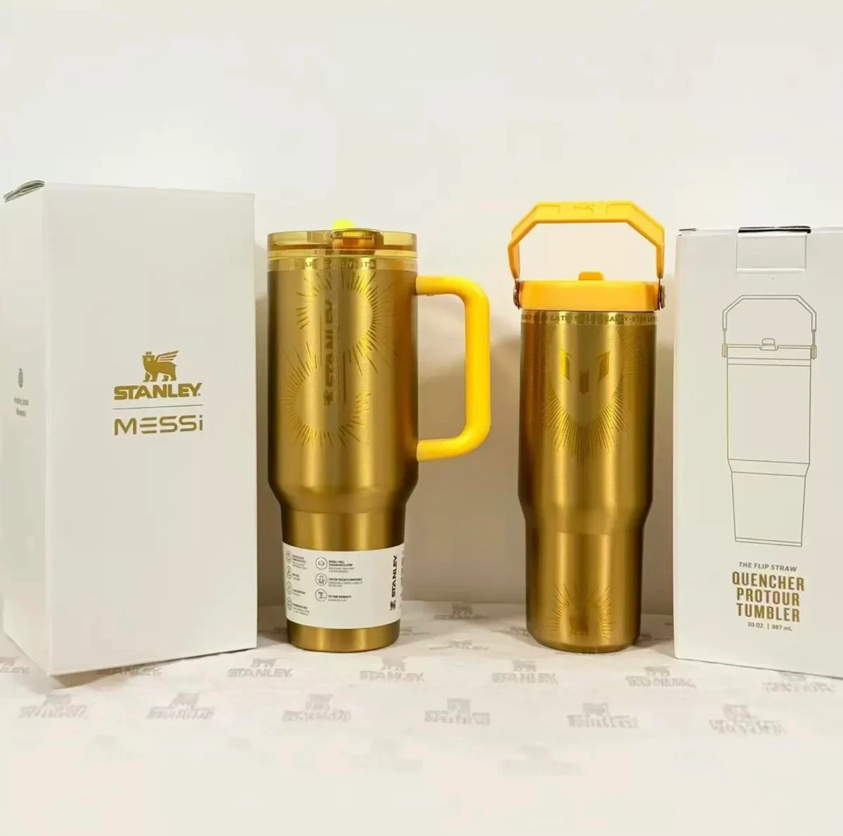 Stanley x Messi Limited Edition Gold Tumbler, 40oz (1.18L), Double-Wall Vacuum Insulated 304 Stainless Steel Water Cup with Straw & Handle, Keeps Cold & Hot, Great for Car, Commute & Outdoor