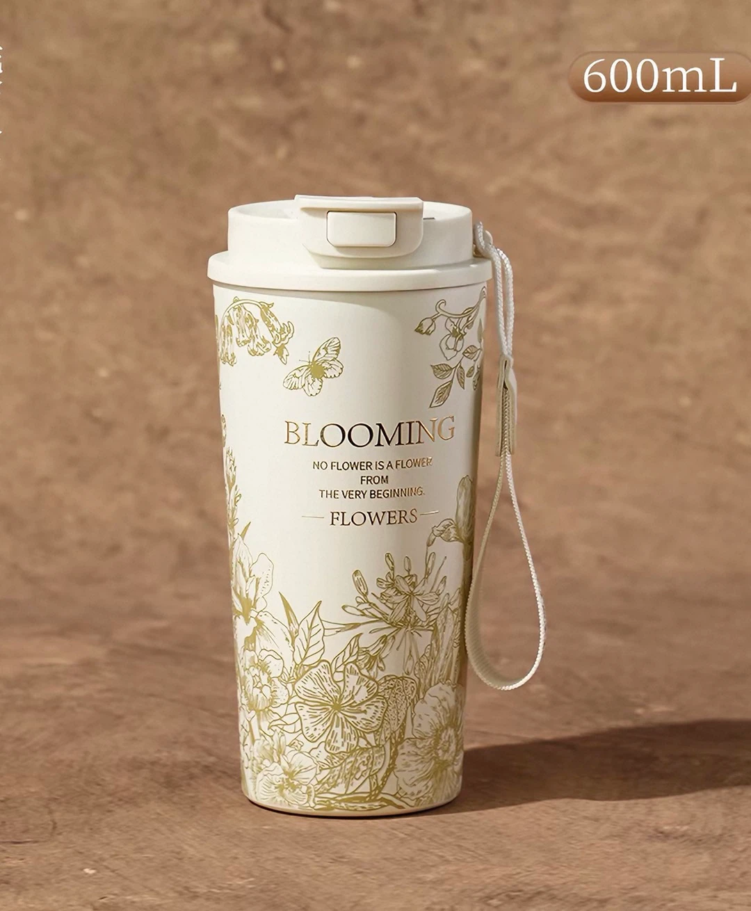 600ML Dual Drink Insulated Travel Mug, Vintage Gold Floral Butterfly Stainless Steel Tumbler with Wrist Lanyard